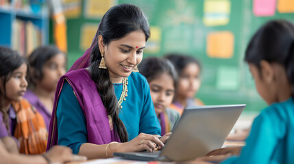 A young Indian lady teacher conducts an online class on a laptop in a government school classroom, surrounded by students in uniform - obrazy, fototapety, plakaty