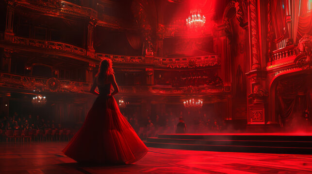An illustration shows an actress on stage performing, with the audience in the background. The actress is depicted in action, while the audience, as silhouettes, watches from their seats.