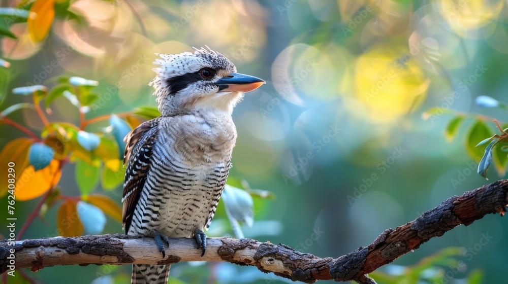 Poster a kookaburra bird is perched on a branch, showcasing its distinct features. its feathers are fluffy,