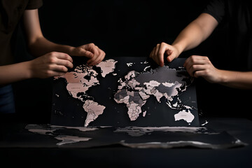 Hand holding world map.
