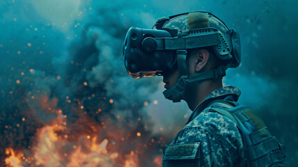 A soldier in full camouflage gear is immersed in a virtual training simulation, the VR headset symbolizing cutting-edge military technology and modern warfare tactics