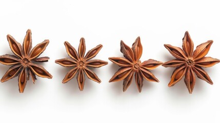 Group of five whole dry brown star anise illicium verum isolated on white background