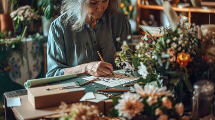A woman is seated at a table, focused on writing on a piece of paper in front of her. She appears engrossed in the task, with a pen in hand, capturing a moment of deep concentration. - Powered by Adobe