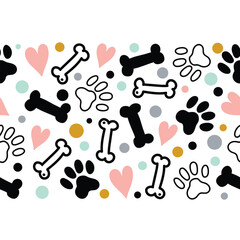 Cute doggie. Bones,  Paw prints and hearts.  Funny children's seamless horizontal border. Can be used in textile industry, paper, background, scrapbooking.Vector. - 762408475