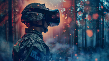 : In a haunting forest setting, a soldier equipped with VR goggles experiences a training scenario, showcasing the fusion of virtual reality and field tactics in the military