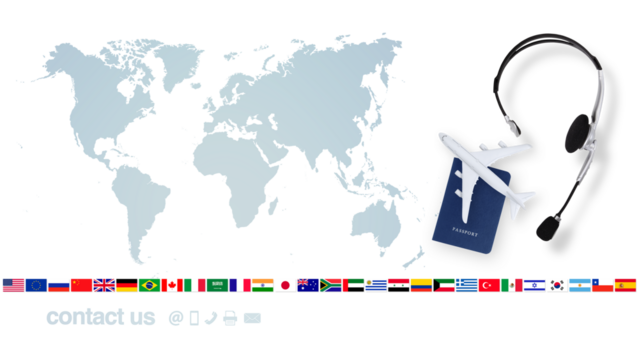 Top view of passport with airplane and headset on world map background with flags and contact us icons, support office for international travel booking for vacations or business trips