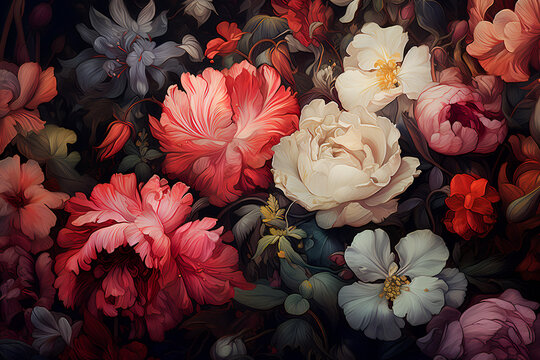 Artistic vintage background with many beautiful flowers.