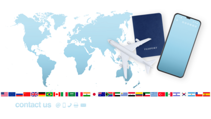 Top view of passport with airplane and mobile phone on world map background with flags and contact us icons, support office for international travel booking for vacations or business trips