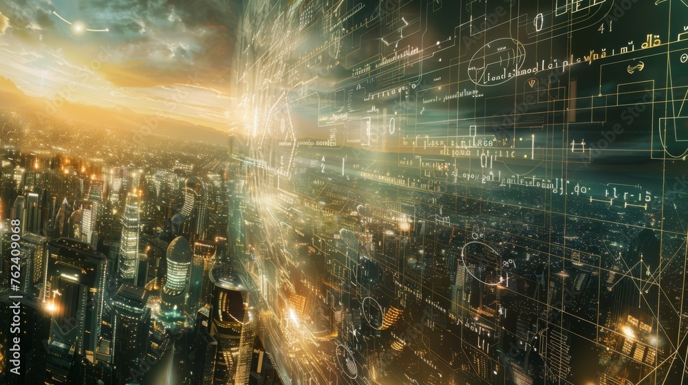 Aufkleber The cityscape features numerous buildings and structures with intricate lines and numbers displayed prominently. The futuristic vibe is emphasized by the innovative design elements throughout the urba