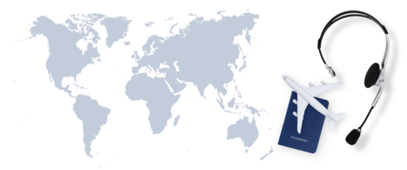 Top view of passport with airplane and headset on world map background, support office for international travel booking for vacations or business trips