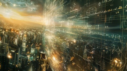 The cityscape features numerous buildings and structures with intricate lines and numbers displayed prominently. The futuristic vibe is emphasized by the innovative design elements throughout the urba