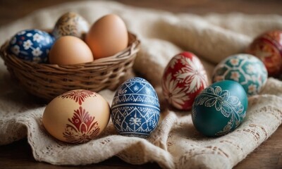 Easter still life with pysanka on traditional fabric. Decorated Easter eggs, traditional in Eastern European culture. - obrazy, fototapety, plakaty