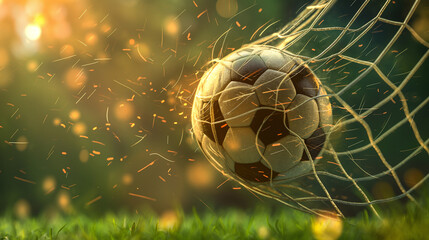 A soccer ball flies into the goal, with a closeup of a football in the net on a green grass background.