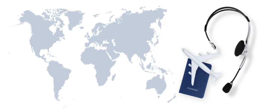 Top view of passport with airplane and headset on world map background, support office for international travel booking for vacations or business trips - Powered by Adobe