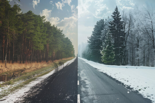 The weather concept of transitioning from winter to summer is depicted through a road, showing snowy conditions on one side and sunny weather on the other.