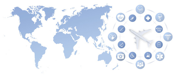 Top view of airplane on world map and medical icons background, medical insurance travel concept...