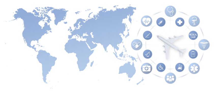 Top view of airplane on world map and medical icons background, medical insurance travel concept whether it's a summer beach vacation or a business trip. Health and safety