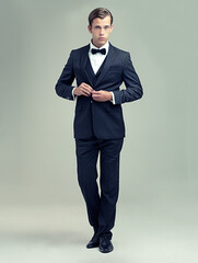 Gentleman, studio and portrait with rich, vintage and class for retro style and fashion. Man, spy...