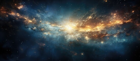 An artists depiction of a galaxy in the deep void of space, showcasing swirling clouds of gas and dazzling astronomical objects amidst a vast cosmic landscape