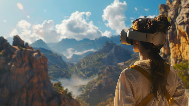 Digital Wanderlust. Explore the juxtaposition of virtual reality and real-world landscapes. Frame a traveler immersed in a VR headset against a breathtaking natural backdrop.