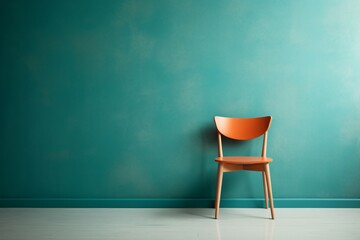 an orange chair against a blue wall