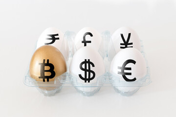 Golden egg with a bitcoin sign. Eggs with currency signs in packing on white background. Minimal investment concept.