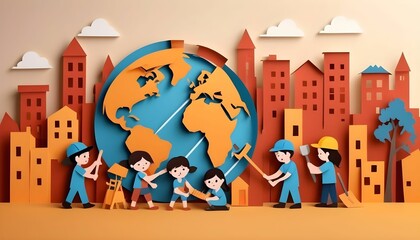 World day against child labor illustration in paper cut style with children holding labor tools and doing hard labor work with sad face
