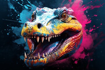 a colorful dinosaur with sharp teeth - obrazy, fototapety, plakaty