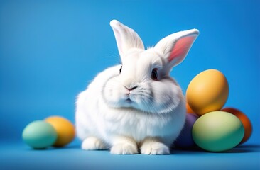 happy Easter. The banner. A rabbit is sitting on a blue background. Colorful eggs are lying nearby. An atmospheric, beautiful, stylish postcard. Holiday. Copy space.