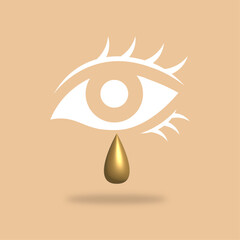 Eye with golden tear vector illustration. Crying eyes.