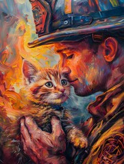 Brave Firefighter Rescues Fearless Kitten from Raging Flames in Vibrant Abstract Painting