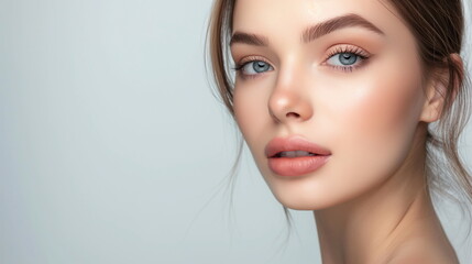 Portrait of a young woman with flawless skin, subtle makeup, and blue eyes, exuding a natural beauty and refined elegance
