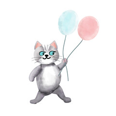 Cute gray cat with balloons. Watercolor illustration on white background.