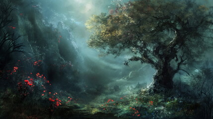Mystical forest with a towering ancient tree, its branches sprawling under a hazy sky, surrounded by vibrant red flowers and enveloped in a serene, ethereal mist - obrazy, fototapety, plakaty