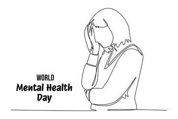 Mental Health Awareness Month banner design. Simple continuous line drawing of girl covered her face with her hand. stress. Care about mental health. Health concept design. May is Mental Healt Awarene