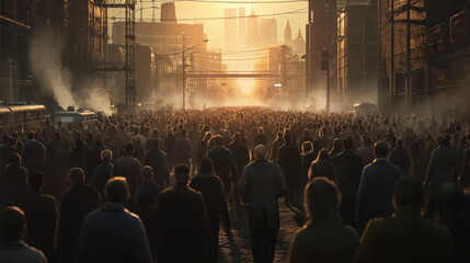 Fototapeta na wymiar Crowds of people walk down an urban street bathed in the warm glow of a setting sun