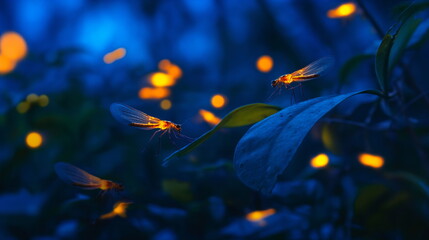 Naklejka na ściany i meble Fireflies illuminate the night sky as they fly above a vibrant green field, creating a mesmerizing spectacle of natural light