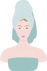 Young woman with towel in head and in bath towel. Home beauty routine. Home spa procedure