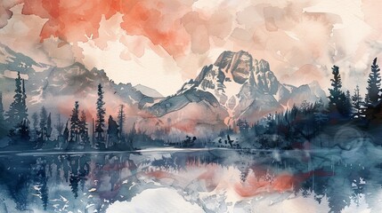 A watercolor painting depicting a serene mountain lake, with crystal-clear waters reflecting the surrounding peaks and lush greenery. The vibrant colors of the landscape are captured in delicate brush - obrazy, fototapety, plakaty