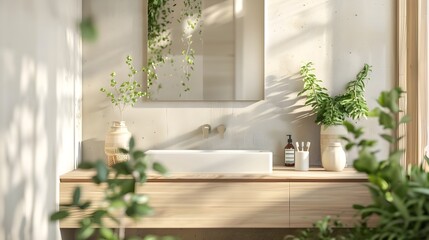 Serene Scandinavian Bathroom Vanity adorned with Contemporary Mirror and Baby Tears Plants