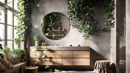 Serene Scandinavian Bathroom Vanity Adorned with Concrete Mirror and Ivy - obrazy, fototapety, plakaty