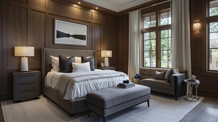 Obraz premium Serene Solitude A Stylish Bedroom Vignette with Oak Paneling and Ash-Gray Bed
