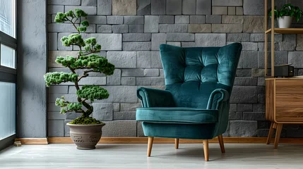 Foto op Plexiglas anti-reflex Serene Teal Velvet Armchair in Minimalist Corner with Zen Bonsai Trees © Rudsaphon