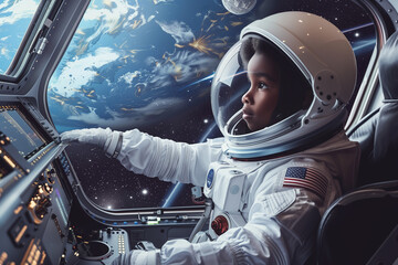 black american boy child astronaut flying spaceship through deep space galaxy - obrazy, fototapety, plakaty