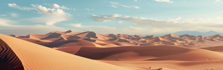 A desert landscape with towering sand dunes under a sky filled with fluffy clouds. The vast expanse of sand is interrupted by the rippling dunes, creating a stark and dynamic scene.