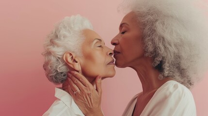 Tender Moment Between Two Elderly Women Sharing a Gentle Kiss