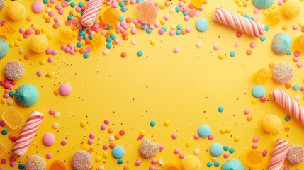 Fototapeta na wymiar Yellow Background Covered in Candy and Sprinkles