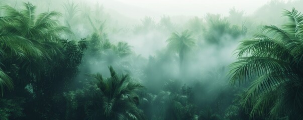 Misty Tropical Rainforest Canopy at Dawn With Lush Greenery - obrazy, fototapety, plakaty