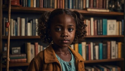 Portrait of a cute African-American girl looking at camera in library