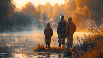 Three people fish from a lakeside peninsula during a misty golden hour. - obrazy, fototapety, plakaty